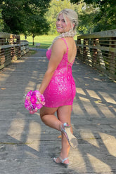 Misshow Sparkly Spaghetti Straps Fuchsia Tight Short Homecoming Dress/Mini Dress with Lace